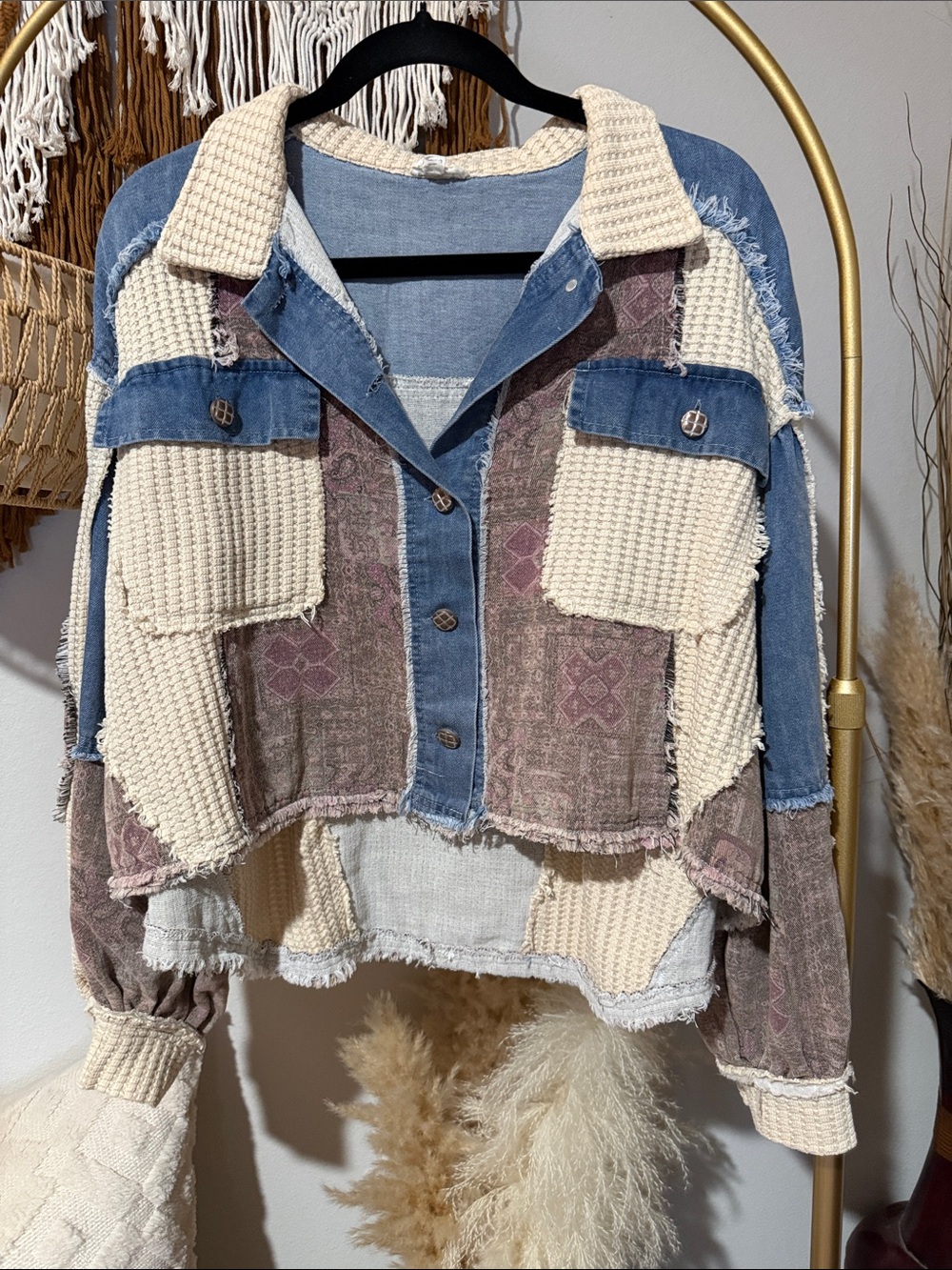 POL Patchwork Waffle Knit & Denim Jacket - Cream, Blue, Brown